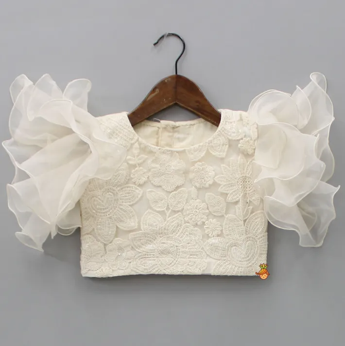 Hot Ruffle Sleeves Off White Embroidered Top And Layered Lehenga Ethnic Wear | Lehengas & Ghagras