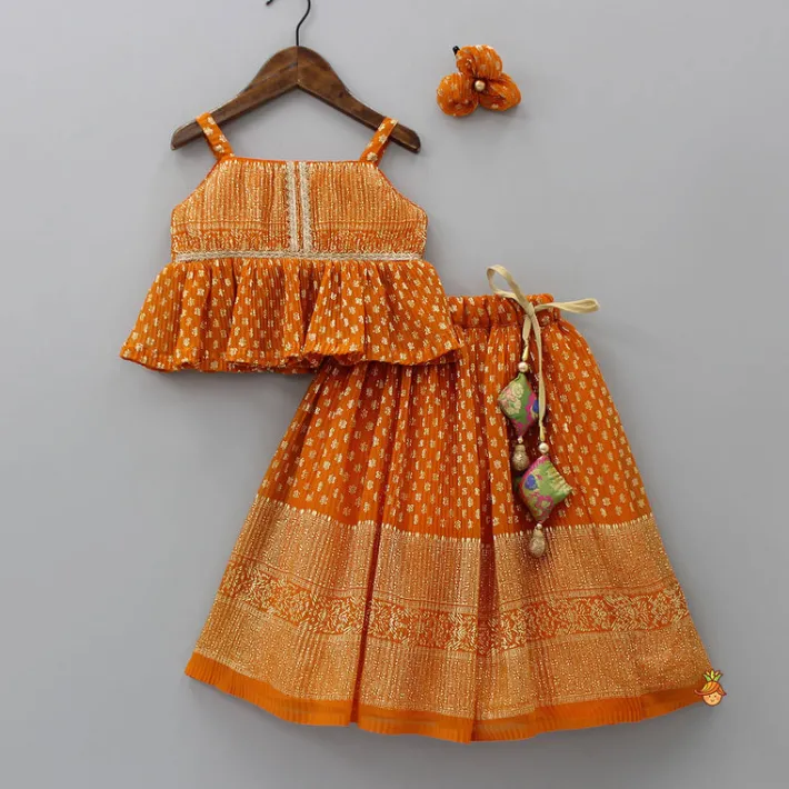 Sale Rust Orange Pleated Georgette Top And Lehenga With Hair Clip Ethnic Wear | Lehengas & Ghagras