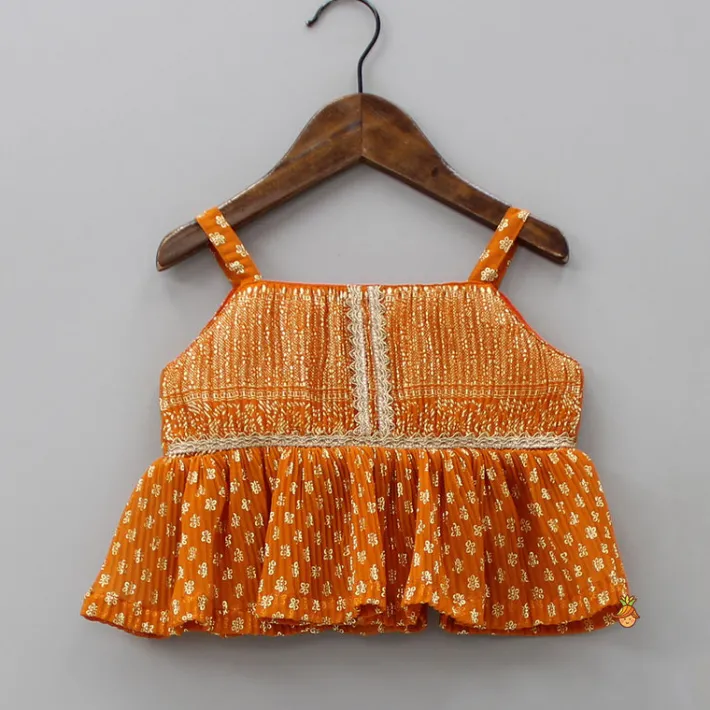 Sale Rust Orange Pleated Georgette Top And Lehenga With Hair Clip Ethnic Wear | Lehengas & Ghagras