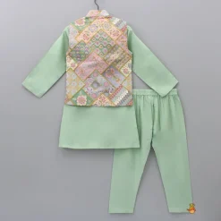 Best Sage Green Kurta With Cotton Silk Embroidered Jacket And Pyjama BOY Indian Ethnic Wear | Ethnic Sets