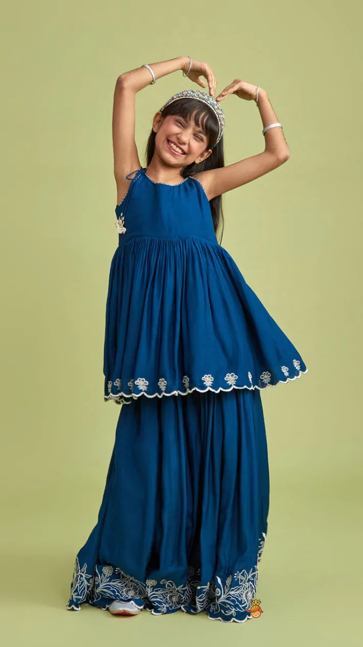 Hot Scalloped Hem Tie Up Strappy Blue Top And Palazzo Ethnic Wear | Palazzos & Shararas