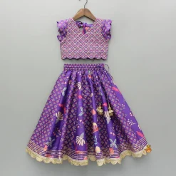 Sale Scalloped Hem V Neck Purple Top And Lehenga With Matching Hair Band Ethnic Wear | Lehengas & Ghagras