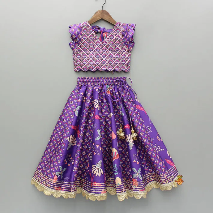 Sale Scalloped Hem V Neck Purple Top And Lehenga With Matching Hair Band Ethnic Wear | Lehengas & Ghagras