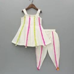 Clearance Scalloped Lace Detailed Kurti And Dhoti With Dupatta Ethnic Wear | Dhotis & Patialas