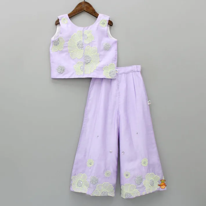 New Sequined And Thread Floral Embroidered Lilac Top With Palazzo Ethnic Wear | Palazzos & Shararas
