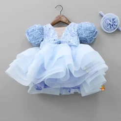 Fashion Sequined Blue Puff Sleeves Ruffle Dress With Bowie Head Band Dresses & Sets | Dresses