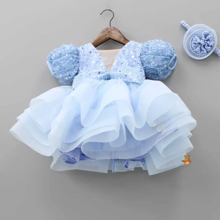 Fashion Sequined Blue Puff Sleeves Ruffle Dress With Bowie Head Band Dresses & Sets | Dresses
