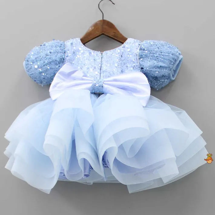 Fashion Sequined Blue Puff Sleeves Ruffle Dress With Bowie Head Band Dresses & Sets | Dresses