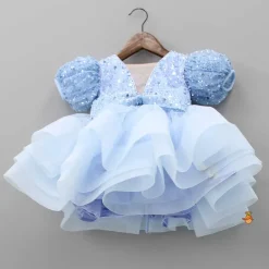Fashion Sequined Blue Puff Sleeves Ruffle Dress With Bowie Head Band Dresses & Sets | Dresses