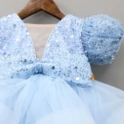 Fashion Sequined Blue Puff Sleeves Ruffle Dress With Bowie Head Band Dresses & Sets | Dresses