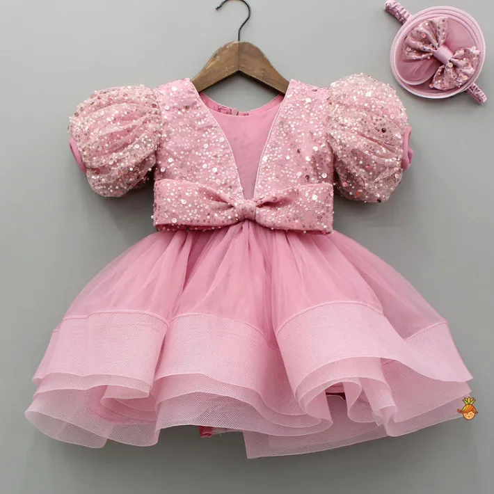 Clearance Sequined Detailed Layered Pink Dress With Bows And Matching Swirled Bow Headband Dresses & Sets | Dresses
