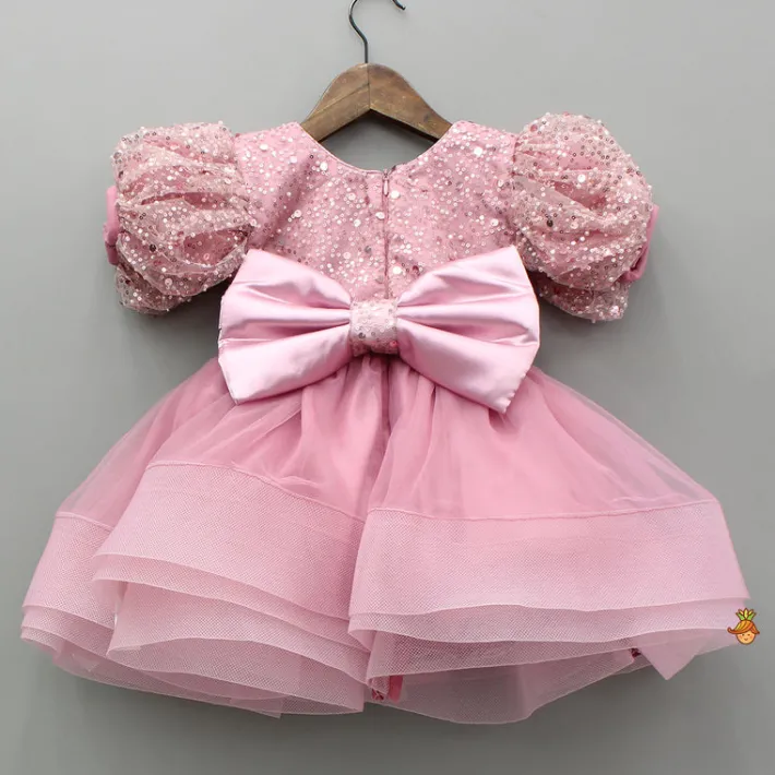 Clearance Sequined Detailed Layered Pink Dress With Bows And Matching Swirled Bow Headband Dresses & Sets | Dresses