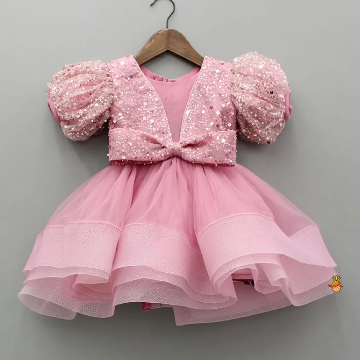 Clearance Sequined Detailed Layered Pink Dress With Bows And Matching Swirled Bow Headband Dresses & Sets | Dresses