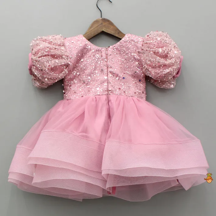 Clearance Sequined Detailed Layered Pink Dress With Bows And Matching Swirled Bow Headband Dresses & Sets | Dresses
