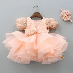 Discount Sequined Peach Puff Sleeves Ruffle Dress With Bowie Head Band Dresses & Sets | Dresses