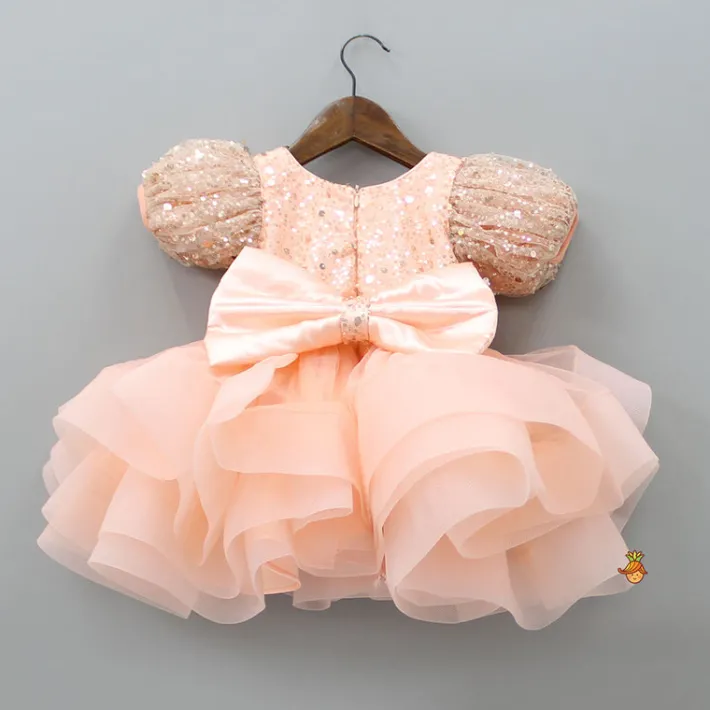 Discount Sequined Peach Puff Sleeves Ruffle Dress With Bowie Head Band Dresses & Sets | Dresses