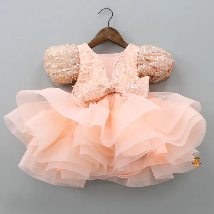 Discount Sequined Peach Puff Sleeves Ruffle Dress With Bowie Head Band Dresses & Sets | Dresses