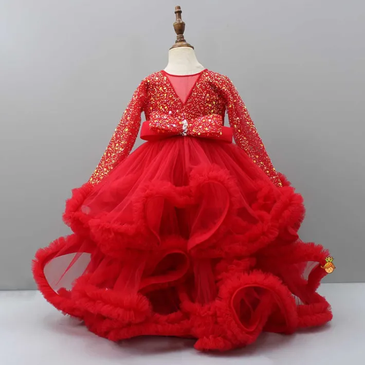 Online Sequined Red Ruffle Layered Fancy Gown Dresses & Sets | Gowns
