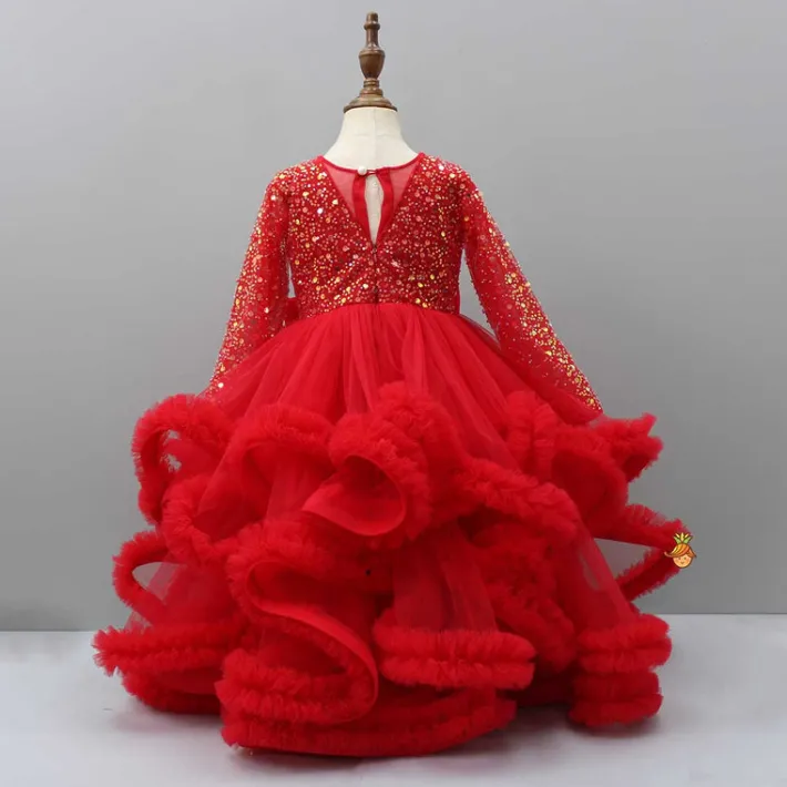 Online Sequined Red Ruffle Layered Fancy Gown Dresses & Sets | Gowns