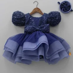Online Sequined Ruffled Blue Dress With Bows And Matching Swirled Bow Headband Dresses & Sets | Dresses