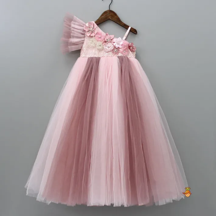 Hot Sequins and Flowers Embellished One Shoulder Colour Blocked Gown Dresses & Sets | Gowns