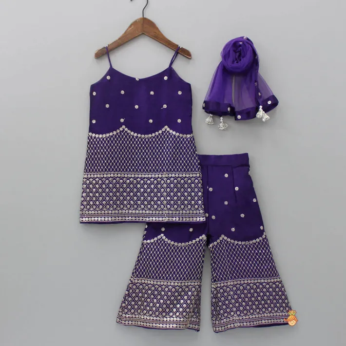 Sale Sequins And Thread Embroidered Purple Strappy Kurti With Palazzo And Net Dupatta Ethnic Wear | Palazzos & Shararas