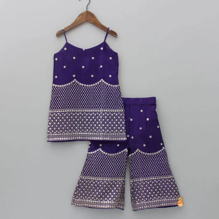 Sale Sequins And Thread Embroidered Purple Strappy Kurti With Palazzo And Net Dupatta Ethnic Wear | Palazzos & Shararas