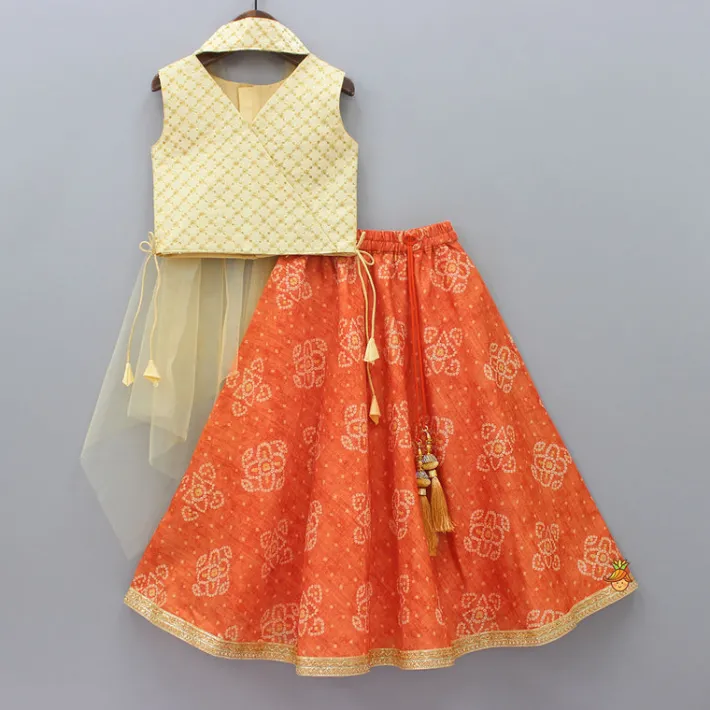 Outlet Sequins And Zari Thread Embroidered Top With Asymmetric Cape And Bandhani Printed Lehenga Ethnic Wear | Lehengas & Ghagras