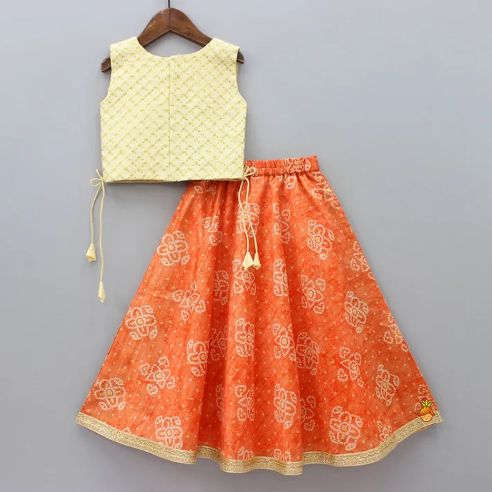 Outlet Sequins And Zari Thread Embroidered Top With Asymmetric Cape And Bandhani Printed Lehenga Ethnic Wear | Lehengas & Ghagras