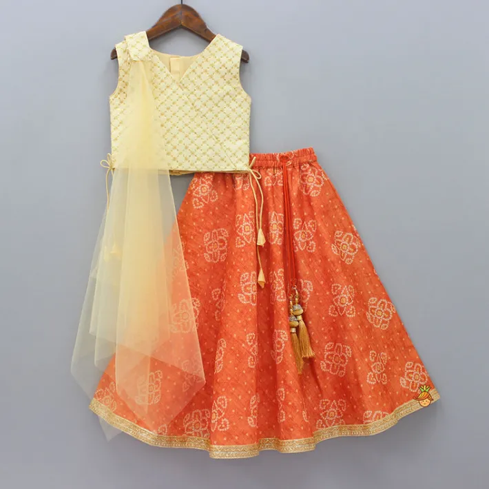 Outlet Sequins And Zari Thread Embroidered Top With Asymmetric Cape And Bandhani Printed Lehenga Ethnic Wear | Lehengas & Ghagras