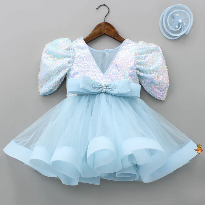 Outlet Sequins Beautified Flared Blue Dress With Swirled Hair Clip Dresses & Sets | Dresses