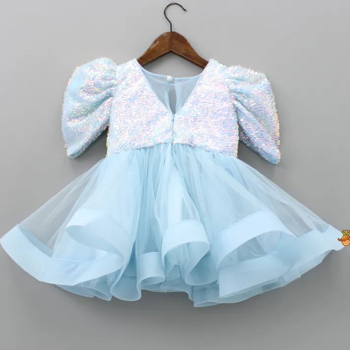 Outlet Sequins Beautified Flared Blue Dress With Swirled Hair Clip Dresses & Sets | Dresses