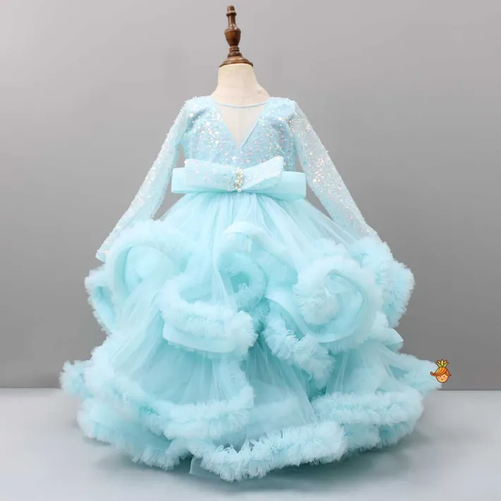 Clearance Sequins Embellished Blue Ruffle Layered Party Wear Gown Dresses & Sets | Gowns