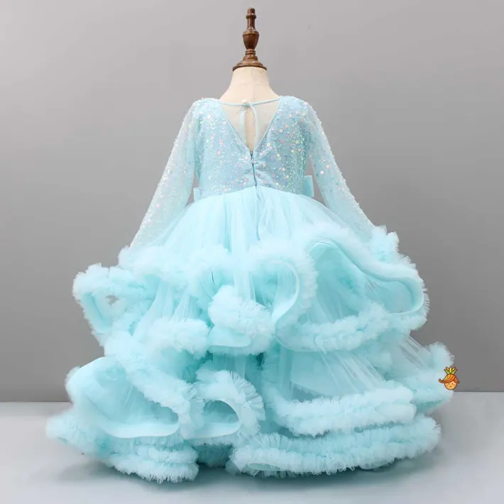 Clearance Sequins Embellished Blue Ruffle Layered Party Wear Gown Dresses & Sets | Gowns