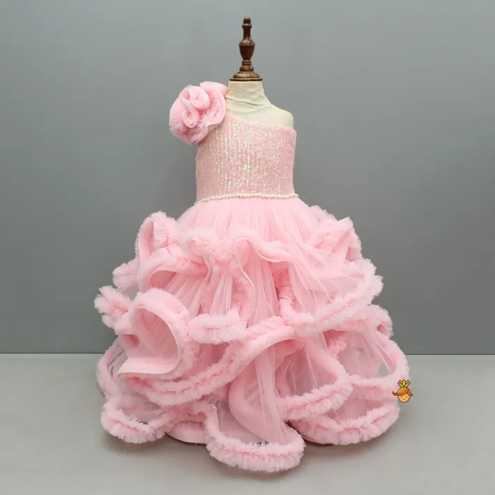 Online Sequins Embellished One Shoulder Layered Gown Dresses & Sets | Gowns