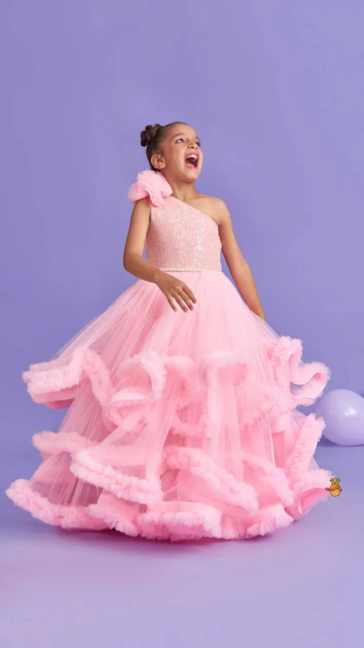 Online Sequins Embellished One Shoulder Layered Gown Dresses & Sets | Gowns