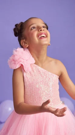 Online Sequins Embellished One Shoulder Layered Gown Dresses & Sets | Gowns
