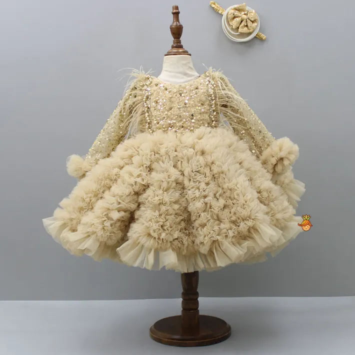 Online Sequins Embellished Ruffled Beige Dress With Matching Swirled Bowie Headband Dresses & Sets | Dresses