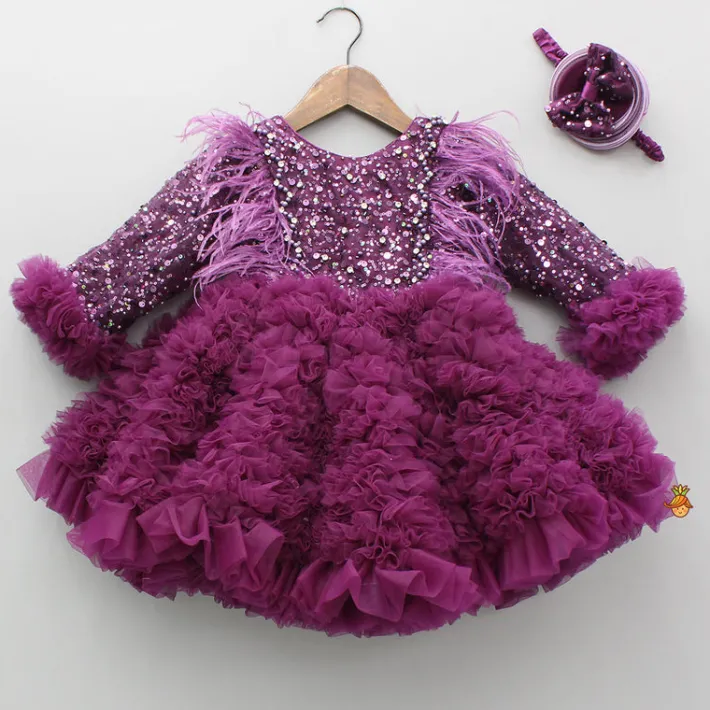 Clearance Sequins Embellished Ruffled Dress With Matching Swirled Bow Headband Dresses & Sets | Dresses