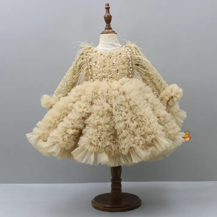 Online Sequins Embellished Ruffled Beige Dress With Matching Swirled Bowie Headband Dresses & Sets | Dresses