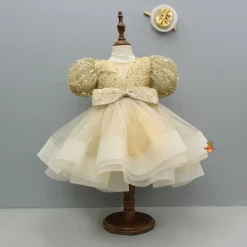 Fashion Sequins Enhanced Puff Sleeves Ruffle Dress With Bowie Head Band Dresses & Sets | Dresses