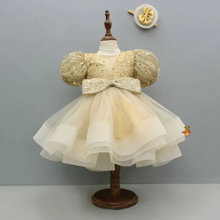 Fashion Sequins Enhanced Puff Sleeves Ruffle Dress With Bowie Head Band Dresses & Sets | Dresses