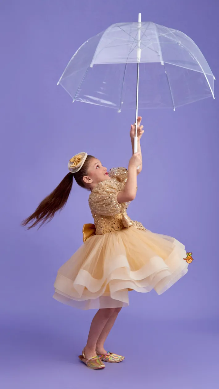 Fashion Sequins Enhanced Puff Sleeves Ruffle Dress With Bowie Head Band Dresses & Sets | Dresses