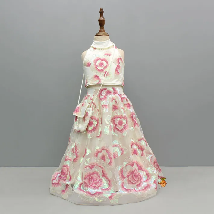 Outlet Sequins Floral Embroidered Off White Top And Lehenga With Sling Bag Ethnic Wear | Lehengas & Ghagras
