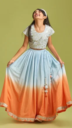 Fashion Sequins Floral Embroidered Blue Top And Ombre Lehenga With Matching Dupatta Twinning Sets | Ethnic Wear