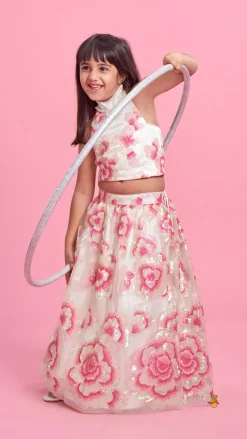 Outlet Sequins Floral Embroidered Off White Top And Lehenga With Sling Bag Ethnic Wear | Lehengas & Ghagras