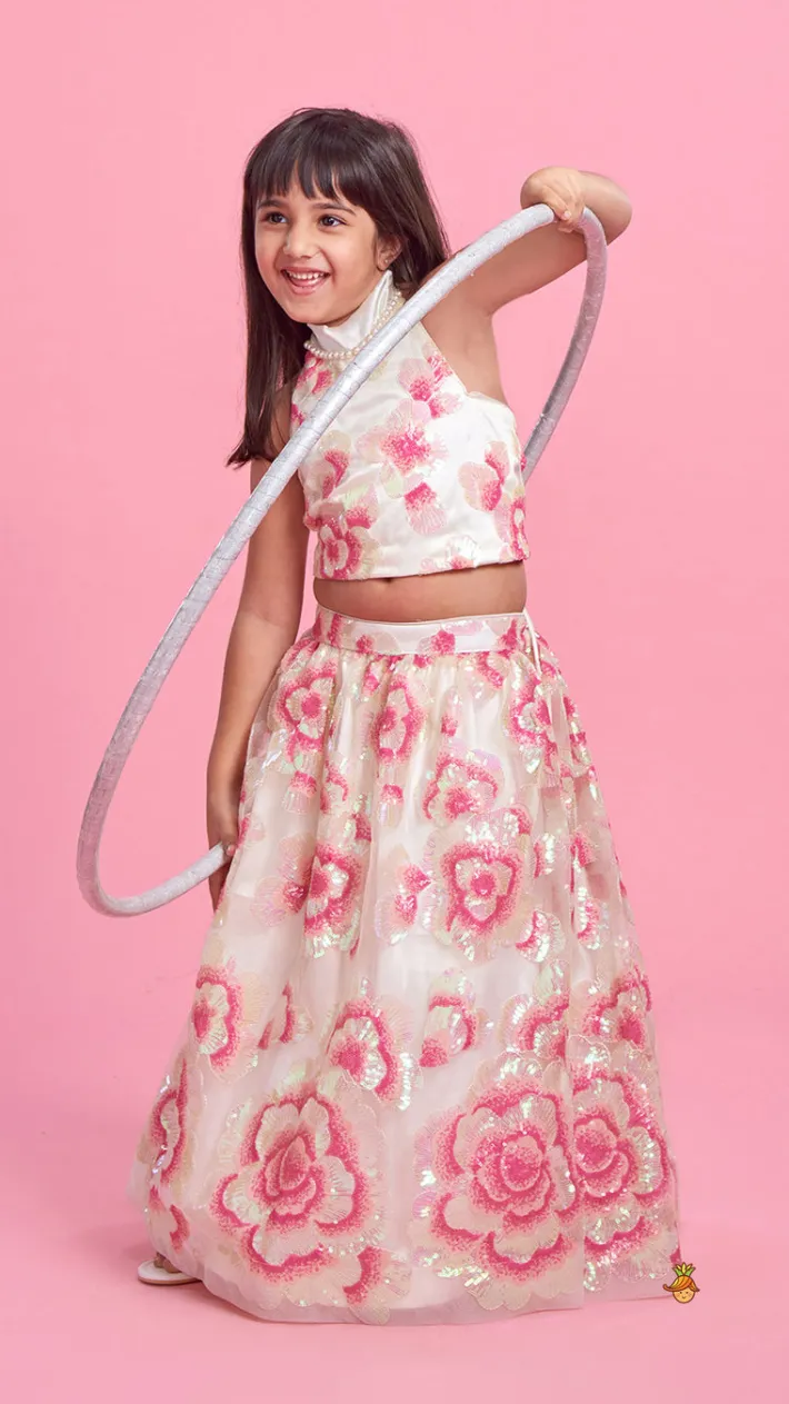 Outlet Sequins Floral Embroidered Off White Top And Lehenga With Sling Bag Ethnic Wear | Lehengas & Ghagras