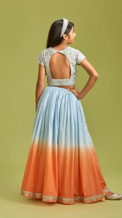 Fashion Sequins Floral Embroidered Blue Top And Ombre Lehenga With Matching Dupatta Twinning Sets | Ethnic Wear