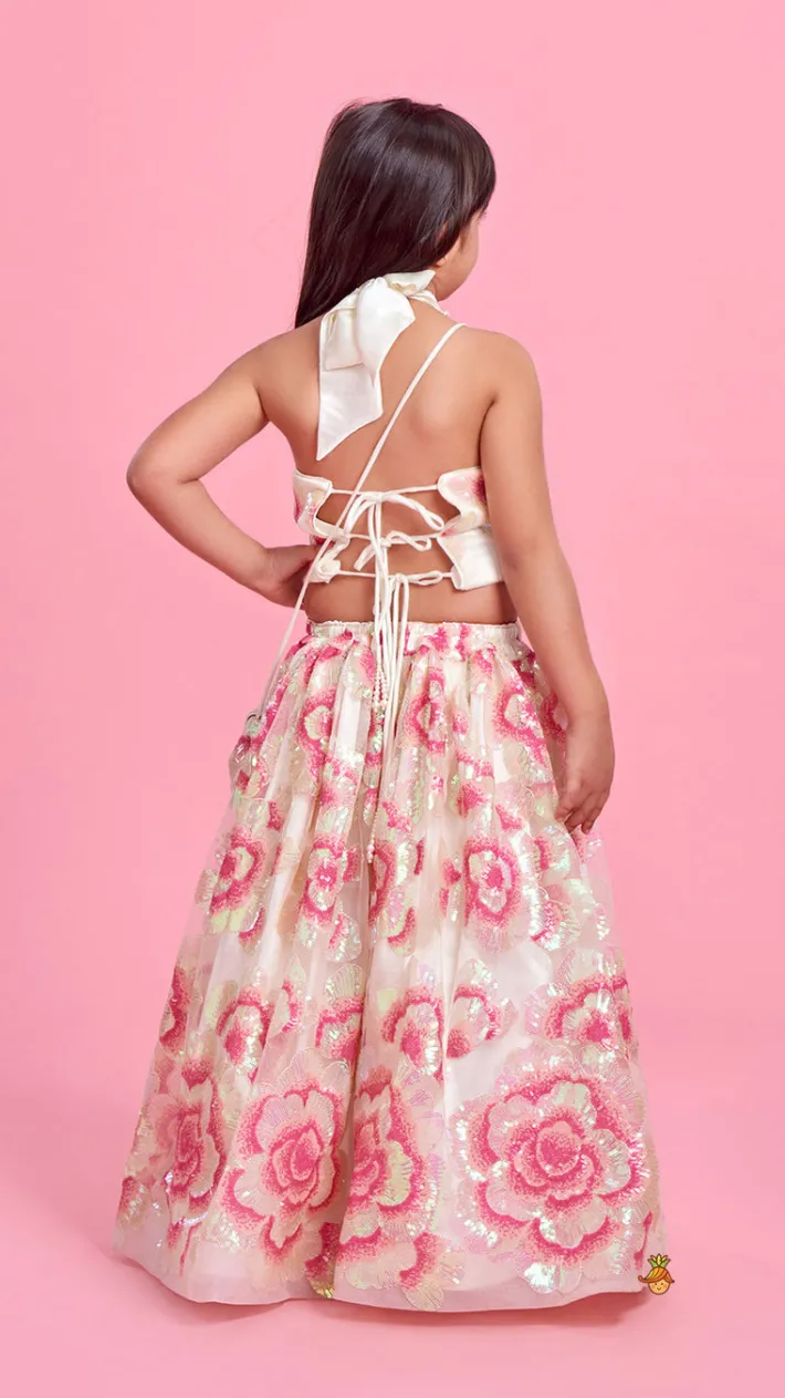 Outlet Sequins Floral Embroidered Off White Top And Lehenga With Sling Bag Ethnic Wear | Lehengas & Ghagras