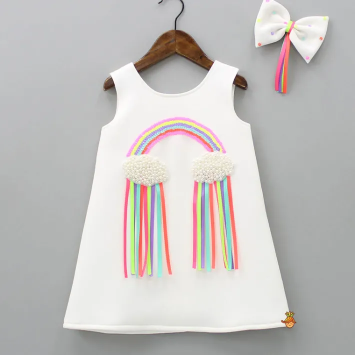 Clearance Sequins Rainbow Embroidered White Dress With Bowie Hair Clip Dresses & Sets | Dresses